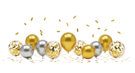 Isolated gold and silver helium balloons floating with confetti for special celebration