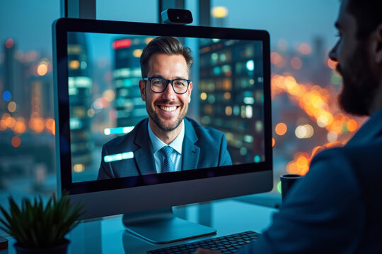 Virtual Meeting with Attorney: High Angle Shot Featuring Cityscape Reflection, Symbolizing Connectivity