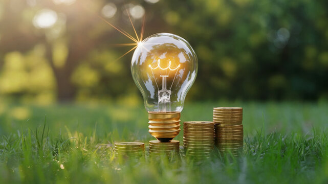 Glowing Light Bulb with Stacked Coins Symbolizing Energy and Finance - Powered by Adobe