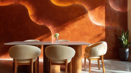 Modern dining room with a wooden table and four chairs. the table is rectangular in shape and has a light brown finish. the chairs are upholstered in a light beige fabric and have a curved backrest.