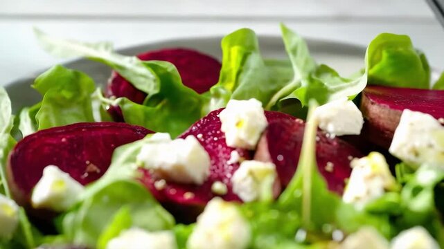 Beetroot and arugula salad with crumbled goat cheese.