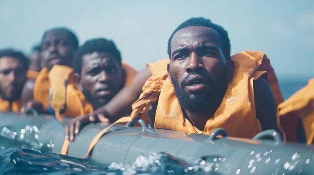 Black males swim in rubber boat in the sea. African refugees try to reach a distant land in search of better life. Hope. Hard life of migrants, their survival