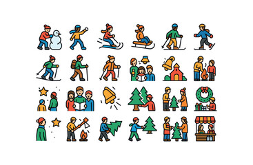 colorful flat vector icons Christmas Traditions (Outdoor) snow building snow throwing snow sliding snow sledding snow skating snow skiing snow hiking snowshoeing market visiting parade.