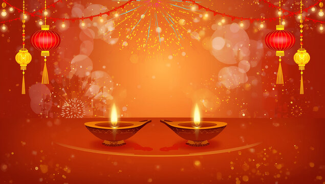 Diwali banner, happy Diwali 2025, Decorative Diwali Background with Traditional Oil Lamps and Fireworks