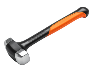 Modern sledge hammer with a black and orange handle isolated on transparent background, a powerful tool for demolition and construction, designed for comfort and efficiency