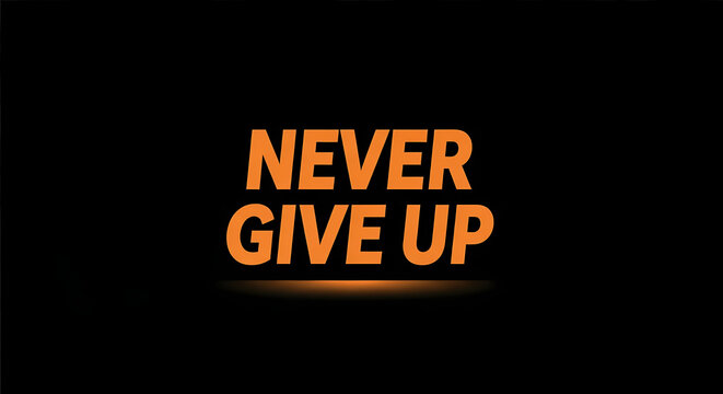 Bold orange text on a dark background reads "NEVER GIVE UP," conveying a message of perseverance and determination.