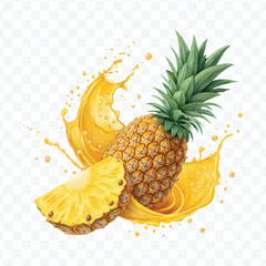 realistic fresh pineapple fruit with juice splash in different style isolated on transparent background