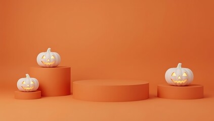 Halloween Pumpkins on Orange Pedestal Display