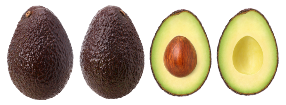 Ripe avocado and Avocado cut in half isolated, transparent PNG, PNG format, cut out