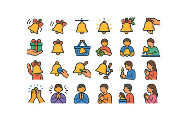 Fototapeta premium colorful flat vector icons Sleigh Bells (Scenes) bell ringing bell swinging bell hanging bell glowing bell shining bell decorating bell gifting bell wrapping bell selling bell buying bell.