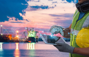 Worker at shipping port uses tablet with futuristic digital interface overlay, symbolizing smart logistics, global trade, and maritime technology innovation.