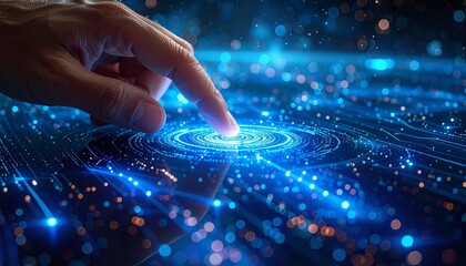 Hand Interacting with Futuristic Digital Interface Technology.