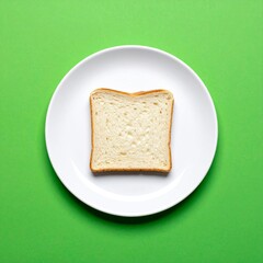 Single Slice of White Bread on White Plate Green Background.