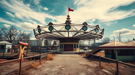 An ultra-realistic, abandoned 8k photograph of a derelict, sun-bleached amusement park with faded paint, lacking any visitors