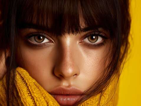 Fashion model with striking brown eyes looking at viewer. Bright yellow attire, detailed and modern. Shot with Fujifilm 56mm f12 lens in dynamic lighting