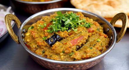 Baingan Bharta, India. mashed roasted eggplant curry with tomatoes, onions, and spices, in a gleaming copper karahi bowl, garnished with fresh cilantro 