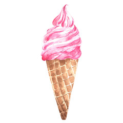 Pink ice cream in a waffle cone hand painted with watercolor on a white background