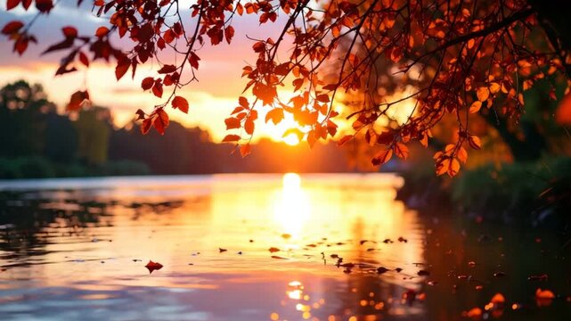 Sunset over lake autumn leaves