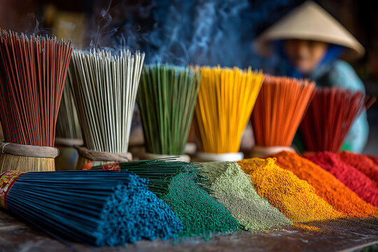 A Vietnamese woman in a traditional hat making colorful incense sticks