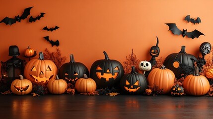 Halloween Decor Flat Lay: Orange Background with Bats, Spider Webs, Pumpkins - Middle Blank for Text/Images, Top Right with Skeleton Heads, Candy Boxes & Eyes