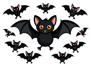 Vector illustration pack of 12 adorable cartoon bats flying around ready for halloween