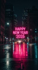 Neon Happy New Year 2026 sign over a wet city street at night, reflecting vibrant pink hues.