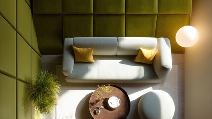Modern living room with a minimalist design. the focal point of the room is a gray sofa with two yellow throw pillows on it. the sofa is placed against a green wall with a tufted design.