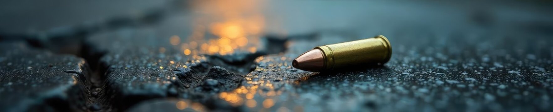 A somber image depicting a single bullet casing lying on a cracked pavement, symbolizing the harsh reality of gun violence in urban areas , justice, emergency