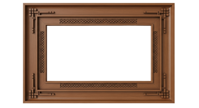 Isolated wooden picture frame with ornate corners and lattice trim, classic rectangular shape