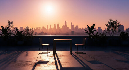 Fototapeta premium Golden Hour Rooftop Scene – Relaxed Terrace Setting with Simple Chairs, Potted Plants, and Dramatic City Skyline at Sunset, Perfect for Travel Editorials, Lifestyle Advertising, and Urban Hospitality 