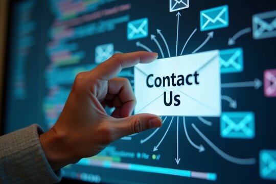 Digital and Physical Blend: Hand Reaching Out from Screen with Contact Us Envelope