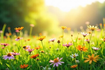 Fototapeta premium A sun-drenched meadow bursting with wildflowers, conveying a sense of gentle, serene joy and the simple beauty of nature's pretty happiness , spring, joyful