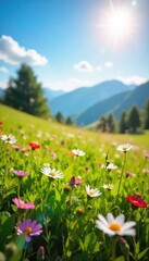 Obraz premium A sun-drenched meadow with wildflowers in full bloom, signifying carefree joy and inner peace A tranquil scene representing contentment and personal fulfillment , pastoral, idyllic