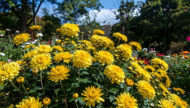 Vibrant yellow chrysanthemums blooming in a garden - Powered by Adobe
