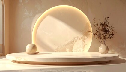 Fototapeta premium Beige minimalist podium with sunlit circular backdrop