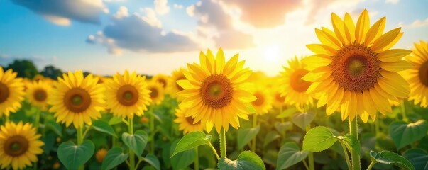 Obraz premium A vibrant field of towering sunflowers basking in the summer sun, their golden faces turned towards the light Perfect for themes of nature, summer, growth, and happiness , petals, agriculture