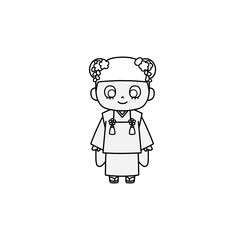A line art hand-drawn illustration of a young girl in a Hifu Kimono, ideal for Shichi-Go-San celebration, New Year’s materials, and cultural design projects.