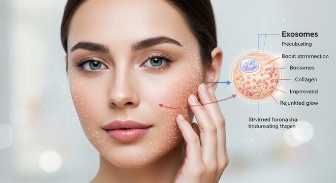 Woman face with glowing dots effect showcasing exosomes skin treatment benefits