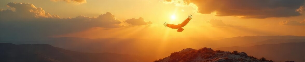 A triumphant bird soaring high above a vast, open landscape, symbolizing freedom and the achievement of victory  The sun shines brightly, casting a golden glow ,  victory,  perseverance,  wings