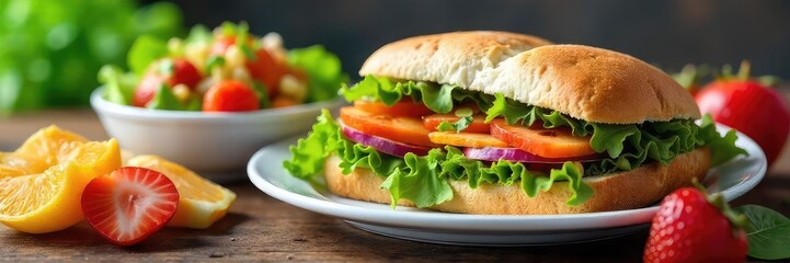 A vibrant and healthy lunch spread featuring a colorful salad, a hearty sandwich, and fresh fruit  Perfect for a light and nutritious midday meal , ingredients, middaymeal, meal