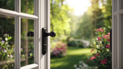 Open door reveals vibrant garden scene
