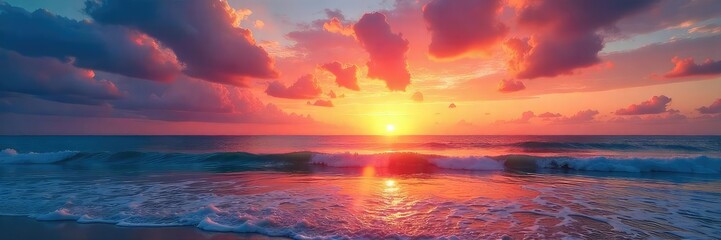 Stunning sunset over a tranquil beach, vibrant colors painting the sky and reflecting on the calm ocean waves Perfect for travel, vacation, and nature themes , yellow, getaway