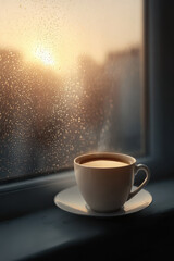 cozy morning scene featuring condensationcovered window where warm light gently filters through