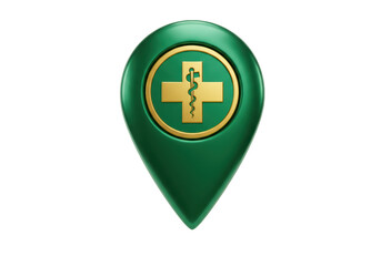 Isolated map pin with a gold cross and the Rod of Asclepius over a green field location icon