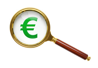 Isolated vintage magnifying glass focusing on a financial euro currency symbol