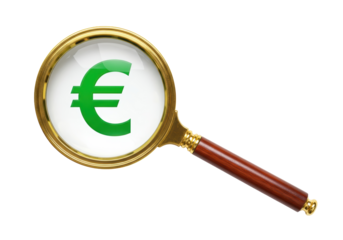 Isolated vintage magnifying glass focusing on a financial euro currency symbol