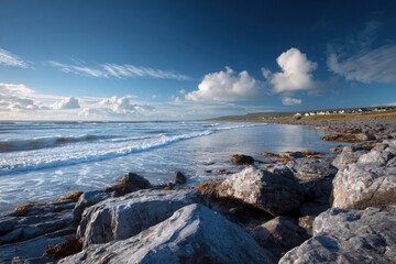 Scenic coastal seascape featuring blue skies, breaking waves and rocky foreground terrain.