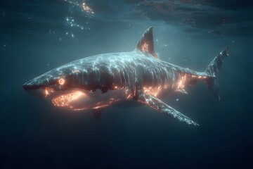 Fototapeta premium Magical neon shark swimming in deep ocean high resolution picture