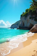 Fototapeta premium Sun-drenched coastal scene, turquoise water laps gently against sandy shore, a perfect summer's day at the seaside , view, day, travel