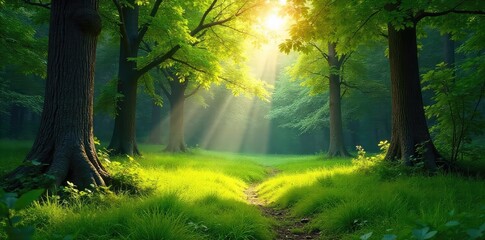 Obraz premium Sun-dappled forest clearing, vibrant green grass carpet stretches to the ancient trees Tranquil nature scene, perfect for backgrounds or environmental projects , vegetation, serene, rural